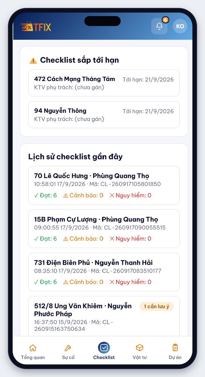 Màn hình Checklist của App TFIX: checklist sắp tới hạn và lịch sử checklist gần đây theo từng tòa nhà