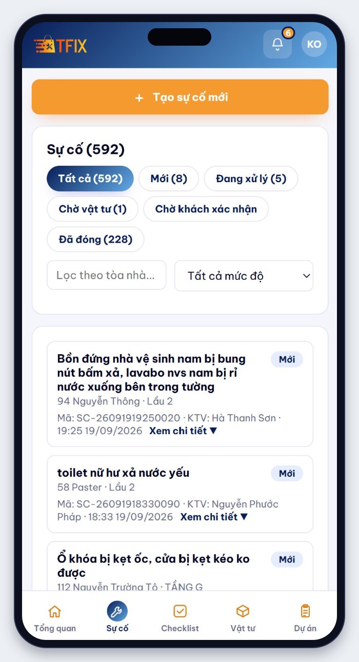Màn hình danh sách sự cố của App TFIX, lọc theo trạng thái Mới, Đang xử lý, Chờ vật tư, Chờ khách xác nhận, Đã đóng