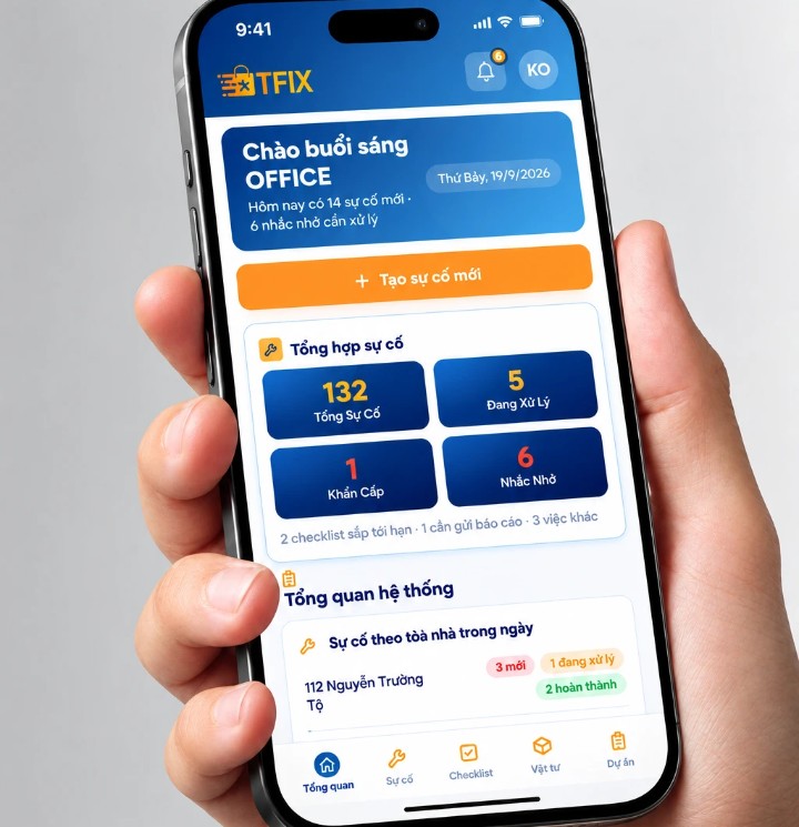 Ứng dụng TFIX trên điện thoại: tổng quan sự cố trong ngày và nút Tạo sự cố mới