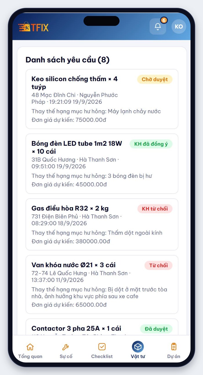 Màn hình Vật tư của App TFIX: danh sách đề xuất vật tư với trạng thái Chờ duyệt, KH đã đồng ý, KH từ chối
