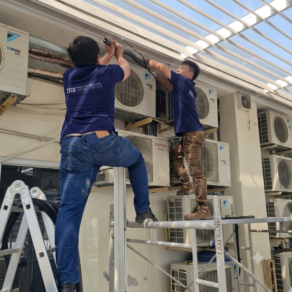 Đội kỹ thuật TFIX bảo trì cụm dàn nóng điều hòa trên tầng cao