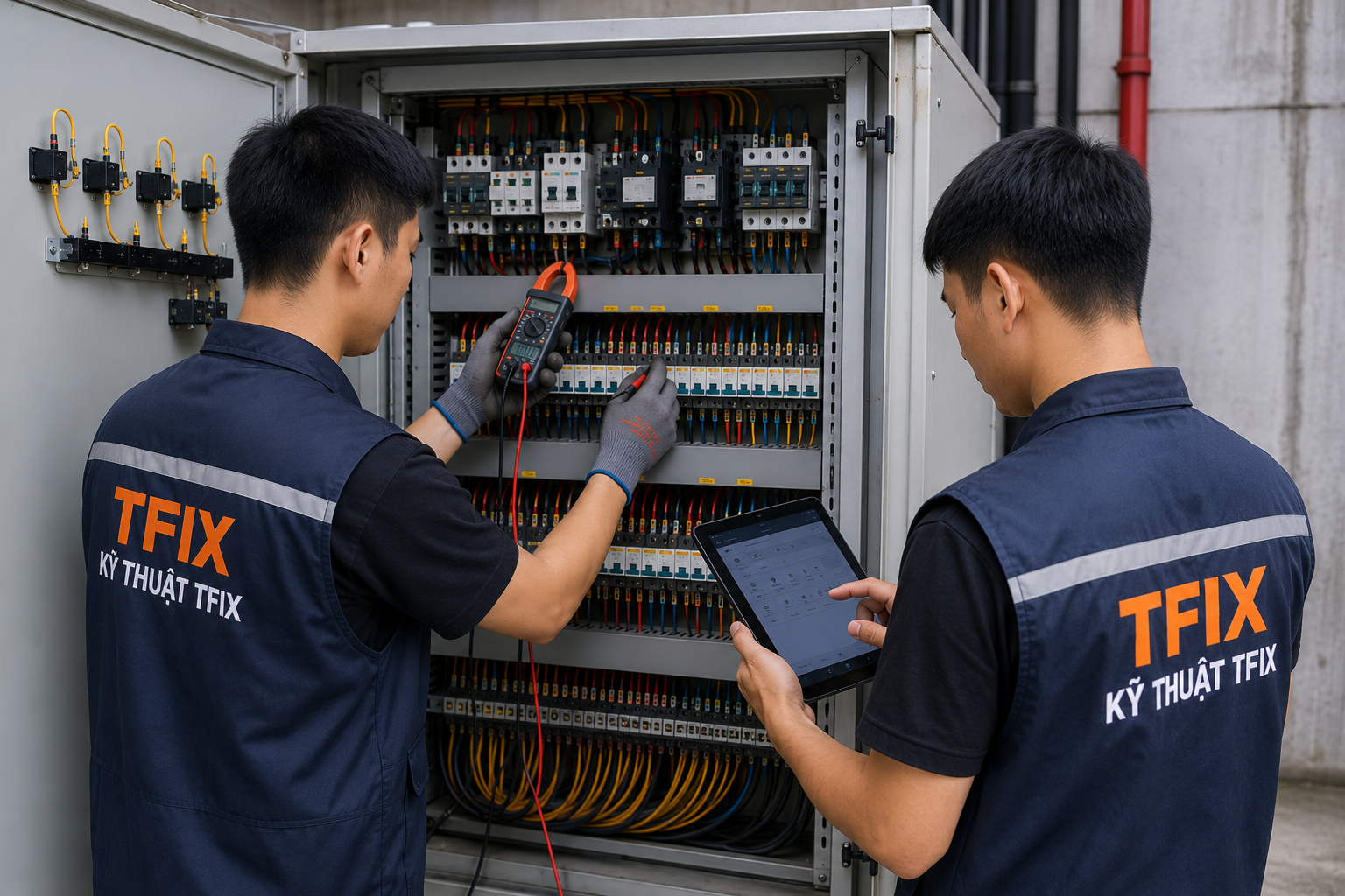 Kỹ thuật viên TFIX tác nghiệp trên tòa văn phòng, view thành phố