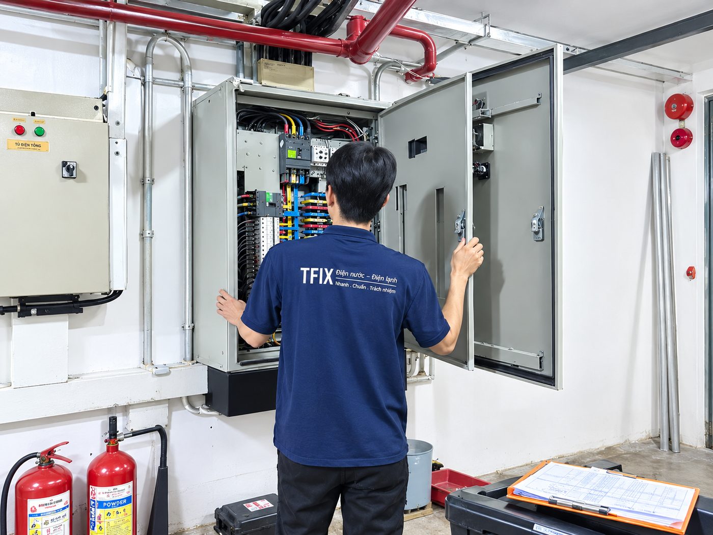 Kỹ thuật viên TFIX kiểm tra tủ điện tổng